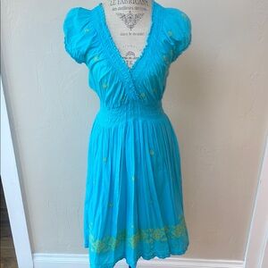 Turquoise Blue Dress with Yellow Embroidery